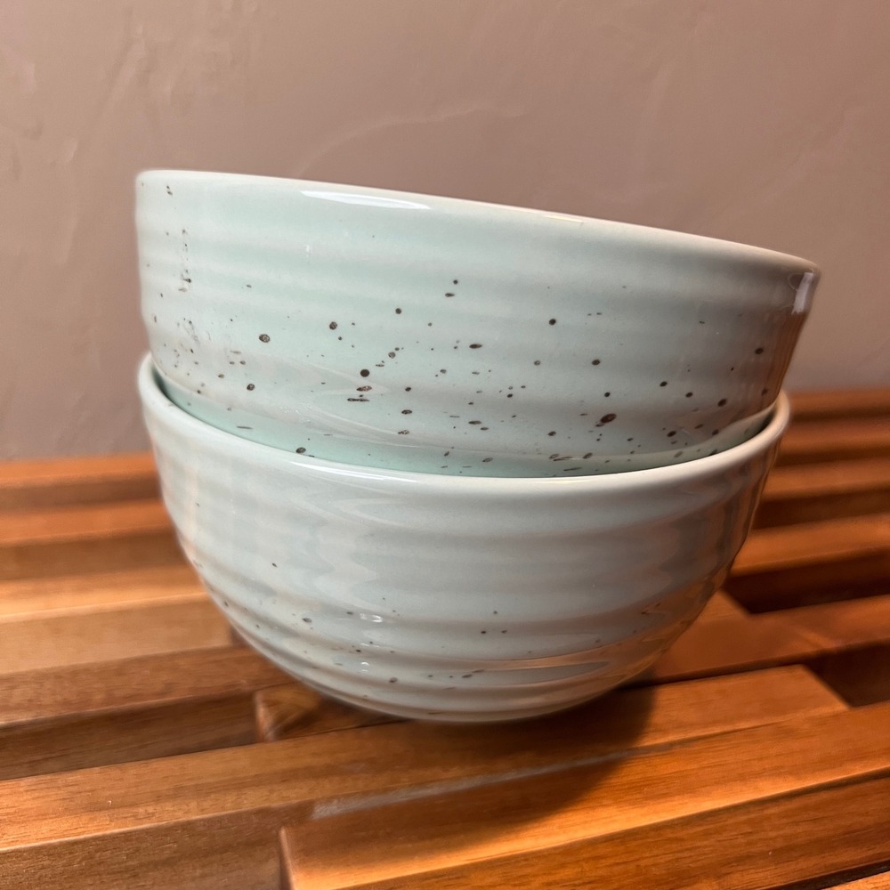 Sango Sage Green Speckled Ribbed Stoneware Bowls Set of 2 Dishwasher Safe